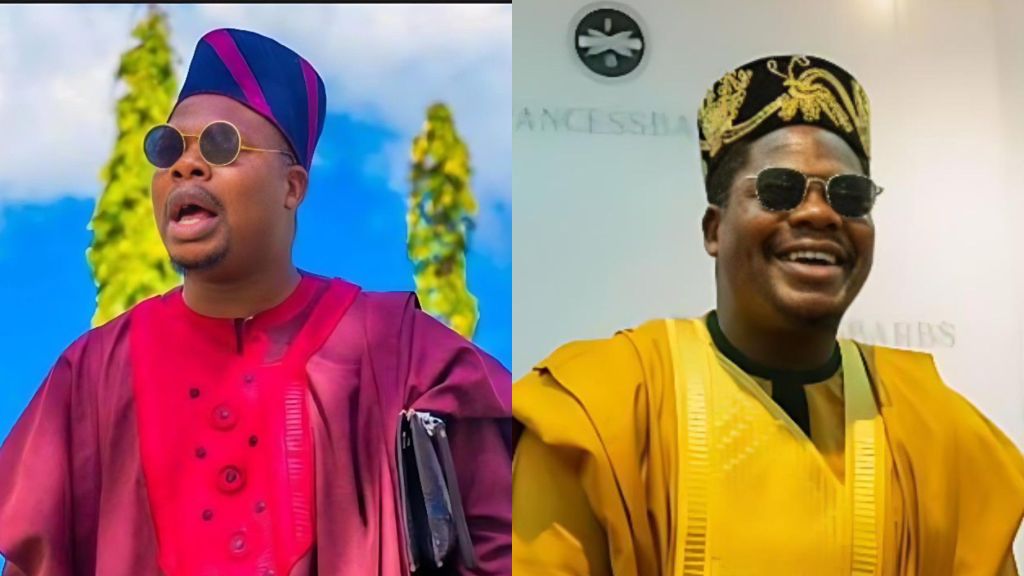 Side-by-side photos of Nigerian comedian and activist Mr Macaroni wearing traditional outfits; in the first image he is dressed in a red agbada and cap while speaking outdoors, and in the second image he is smiling indoors in a yellow agbada with a decorative cap.