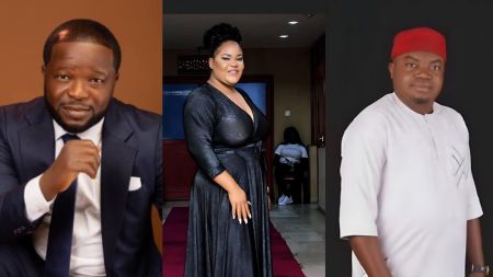 A collage featuring Nigerian comedian Mr Odey on the left in a suit, his wife Margaret Paul in a black dress at the centre, and the man he accused, Frank Oko, on the right wearing a white outfit and red cap.