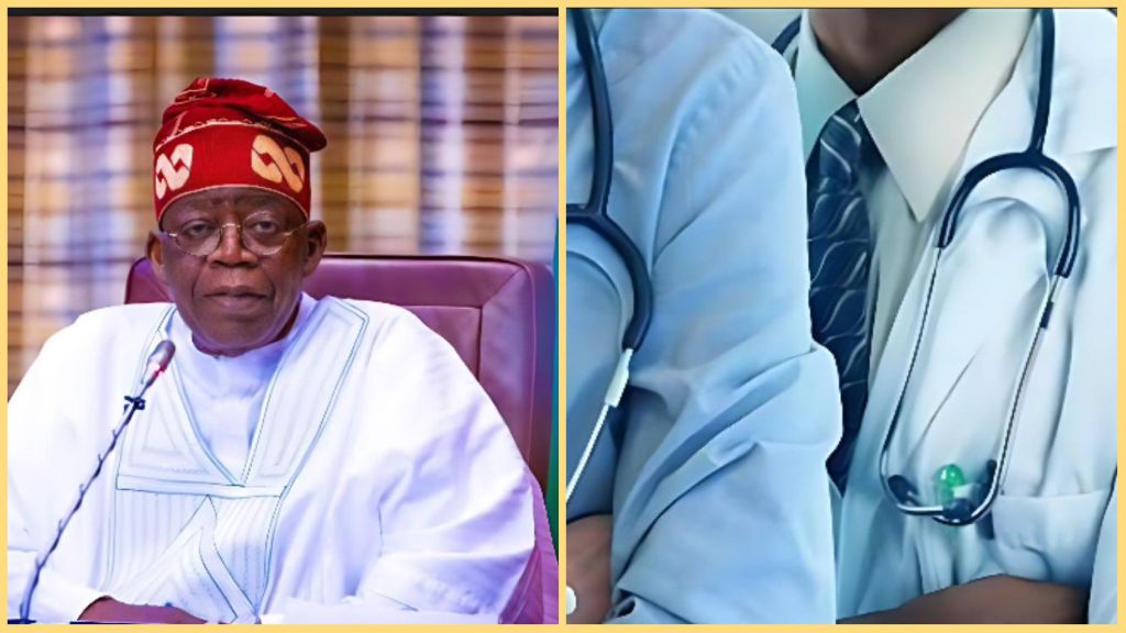 Split image showing Nigerian President Bola Ahmed Tinubu seated in traditional attire on the left, and two medical doctors in white coats with stethoscopes on the right.