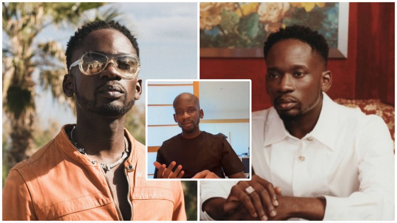 A collage showing three photos of Nigerian singer Mr Eazi. The left image shows him outdoors wearing tinted glasses and an orange jacket. The centre image shows him speaking indoors while wearing a black shirt. The right image shows him seated in a white shirt with his hands on a table.