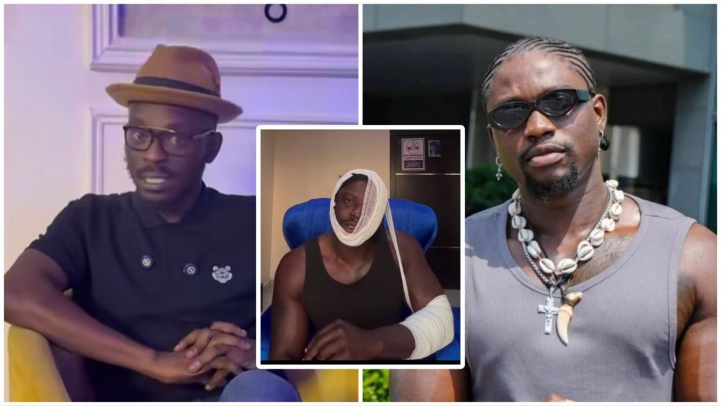 A collage featuring two Nigerian public figures. On the left, Mr. Jollof sits wearing a brown hat, glasses, and a black polo shirt. In the centre, VeryDarkMan appears seated with bandages humorously wrapped around his head and arm. On the right, another photo of VeryDarkMan shows him outdoors wearing dark sunglasses, a sleeveless shirt, and layered shell and cross necklaces.