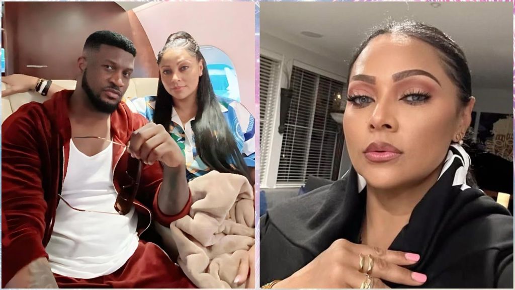 A collage photo of Nigerian singer Mr P sitting beside his wife Lola Omotayo inside a private jet, and a solo portrait of Lola Omotayo posing indoors.