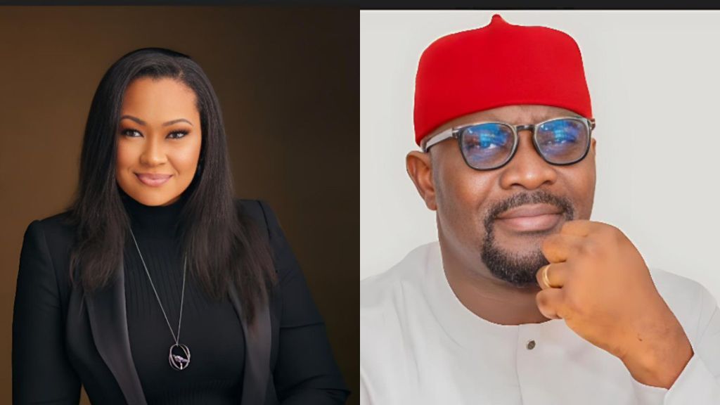 Side-by-side portraits of Senator Natasha Akpoti-Uduaghan and Senator Osita Ngwu, with Akpoti in a black outfit on a dark background and Ngwu in a white attire with a red cap on a light background.