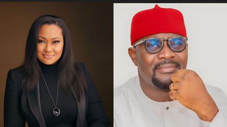 Side-by-side portraits of Senator Natasha Akpoti-Uduaghan and Senator Osita Ngwu, with Akpoti in a black outfit on a dark background and Ngwu in a white attire with a red cap on a light background.