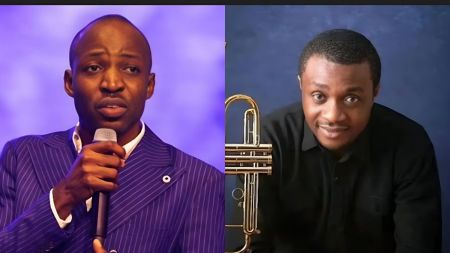 Side-by-side photo showing gospel minister Dunsin Oyekan speaking into a microphone on the left, and gospel artist Nathaniel Bassey posing with a trumpet beside him on the right.