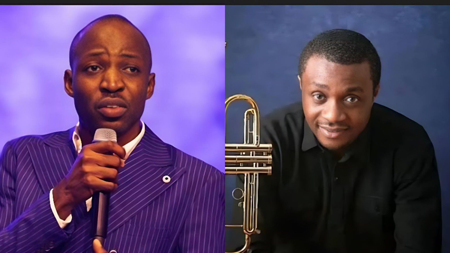 Side-by-side photo showing gospel minister Dunsin Oyekan speaking into a microphone on the left, and gospel artist Nathaniel Bassey posing with a trumpet beside him on the right.