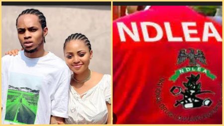 Regina Daniels poses beside her brother Sammy West in a casual outdoor photo, placed next to a close-up image showing the red uniform of the NDLEA with its official logo.