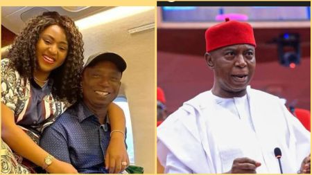 Collage photo showing actress Regina Daniels smiling beside her husband Senator Ned Nwoko on a plane, and another image of Nwoko speaking during a public event in traditional attire.