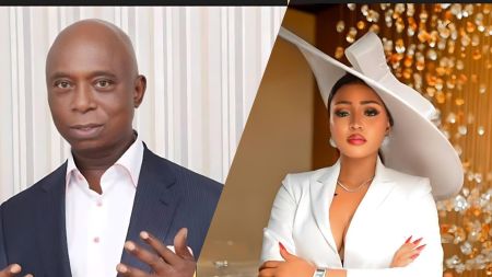 Split-screen image of Senator Ned Nwoko wearing a dark suit alongside Regina Daniels dressed in an elegant white outfit and wide-brimmed hat, both posing separately.