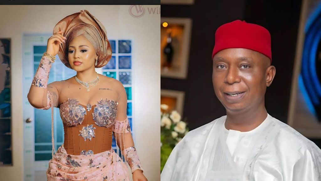 Side-by-side photos of Regina Daniels wearing an elegant traditional outfit and Senator Ned Nwoko dressed in a white attire with a red cap.