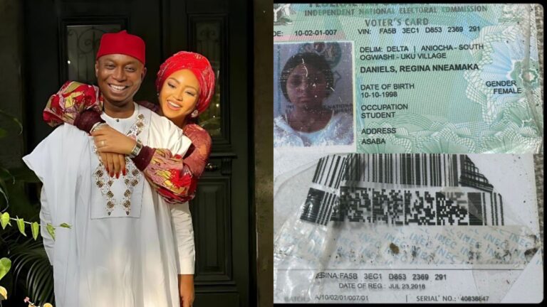 Side-by-side images showing Nigerian senator Ned Nwoko smiling as Regina Daniels hugs him from behind in a traditional outfit, next to a close-up photo of Regina Daniels’ voter’s card displaying her name, date of birth, and registration details.