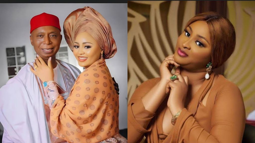 A side-by-side collage showing Senator Ned Nwoko and Regina Daniels posing together in traditional attire on the left, and actress Etinosa Idemudia posing in a brown outfit on the right.