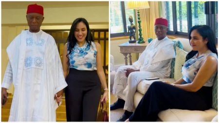 Ned Nwoko and his wife Laila Charani seen walking hand in hand and sitting together inside their home, dressed in traditional and casual outfits while posing for new photos.