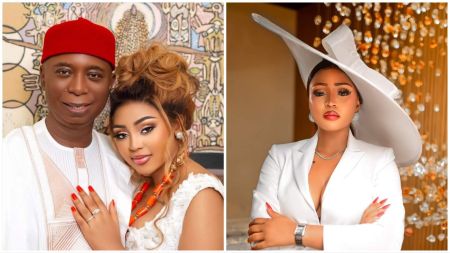 Side-by-side photos showing Regina Daniels with her husband Ned Nwoko, and another photo of Regina posing alone in a white outfit and large white hat.