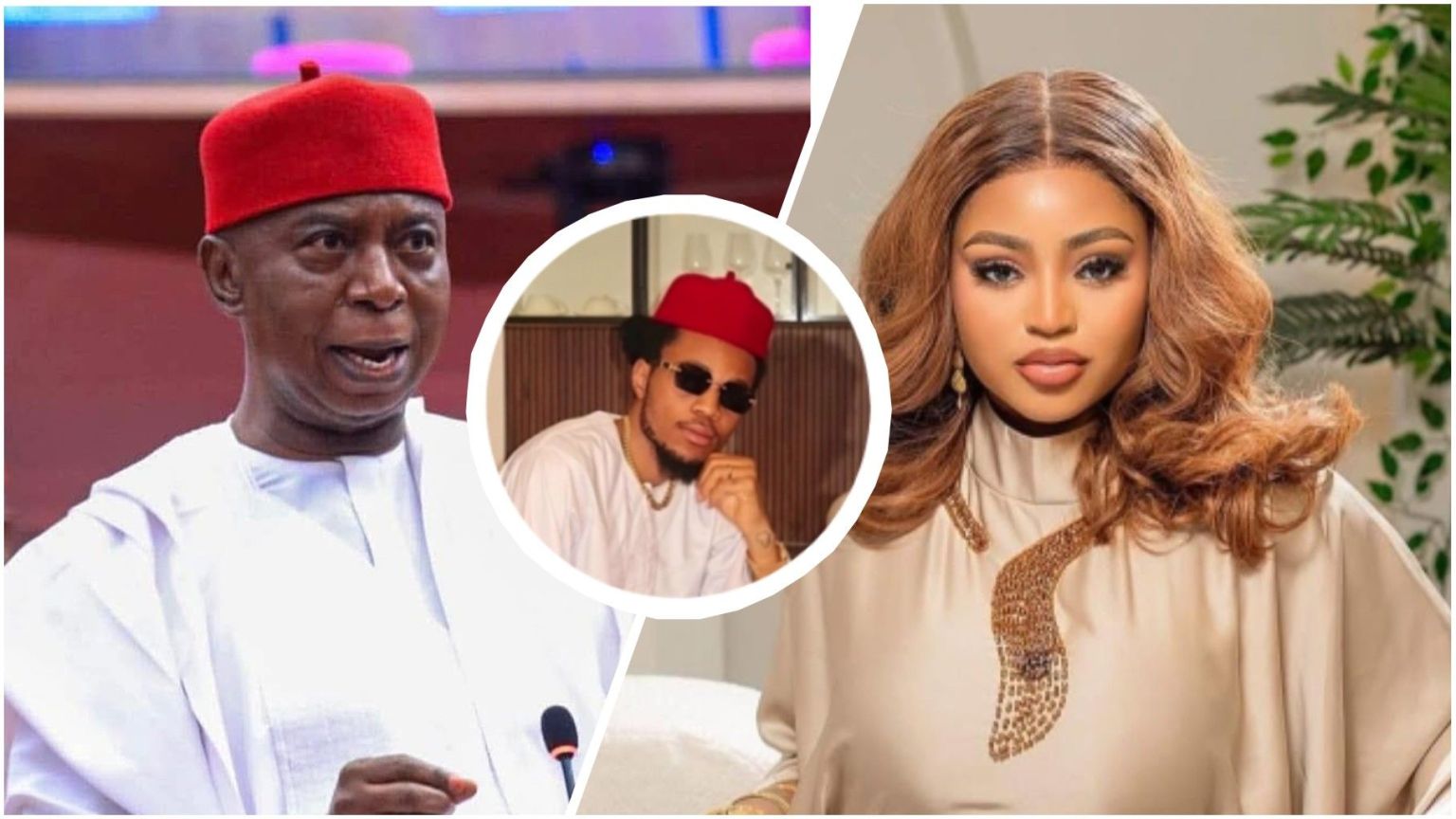 Collage showing Senator Ned Nwoko on the left, Regina Daniels on the right, and a circular inset of Sammy West wearing sunglasses and a red cap in the centre.