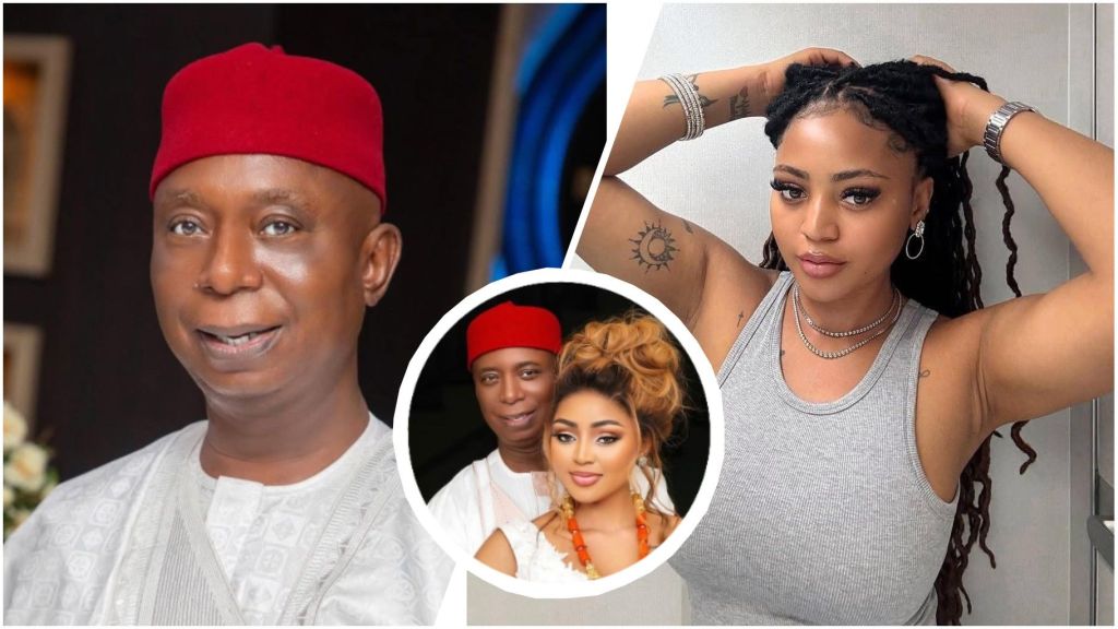 A three-photo collage showing Nigerian senator Ned Nwoko in traditional attire, actress Regina Daniels posing in a grey sleeveless top, and a smaller inset image of the couple together.