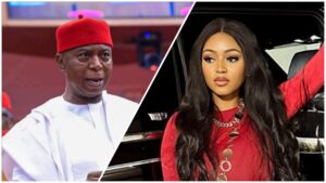 Split image showing Nigerian senator Ned Nwoko speaking during an event on the left, and actress Regina Daniels posing beside a black car on the right.