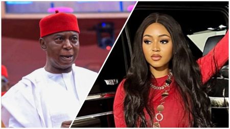 Split image showing Nigerian senator Ned Nwoko speaking during an event on the left, and actress Regina Daniels posing beside a black car on the right.