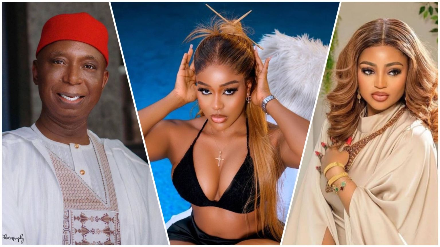 Side-by-side collage showing Ned Nwoko in white outfit and red cap, actress Uche Montana posing in a black bikini top, and Regina Daniels dressed in a cream outfit with styled hair.