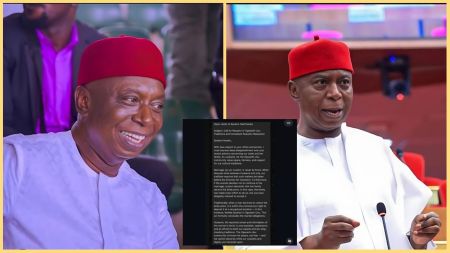 Side-by-side photos of Senator Ned Nwoko wearing a red cap, smiling in one image and speaking in what appears to be a formal setting in the other, with a screenshot of the Ogwashi-Uku community’s open letter placed between both photos.