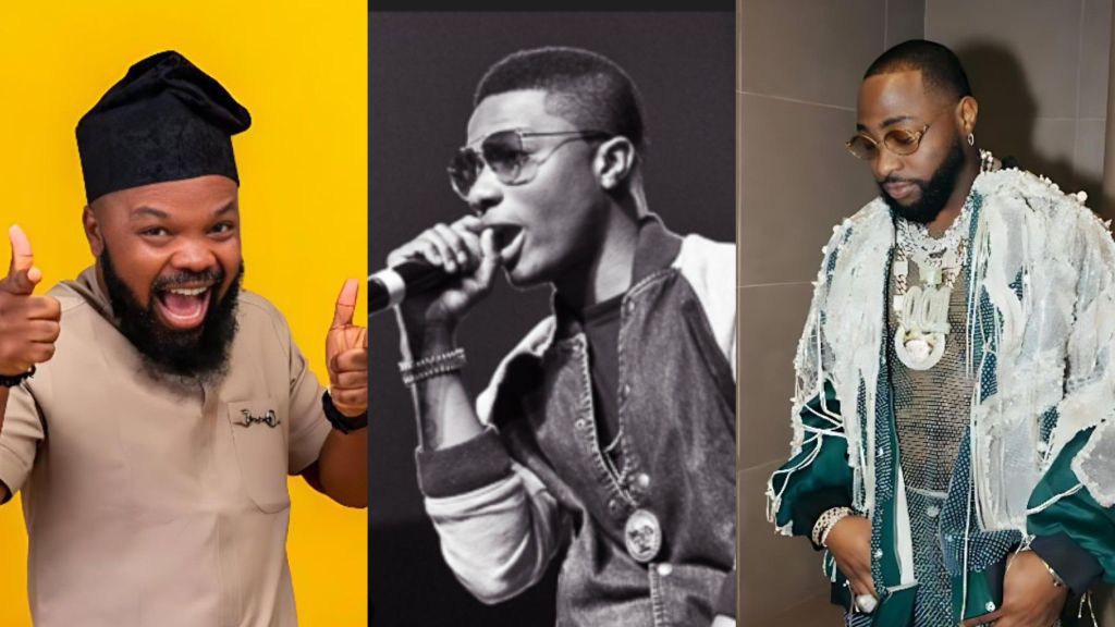 A collage featuring three Nigerian celebrities: On the left, media personality Nedu smiling and pointing both fingers while wearing a beige outfit and black cap; in the middle, a monochrome photo of Wizkid holding a microphone and wearing sunglasses; on the right, Davido looking down at his phone while dressed in a stylish, heavily accessorized outfit.
