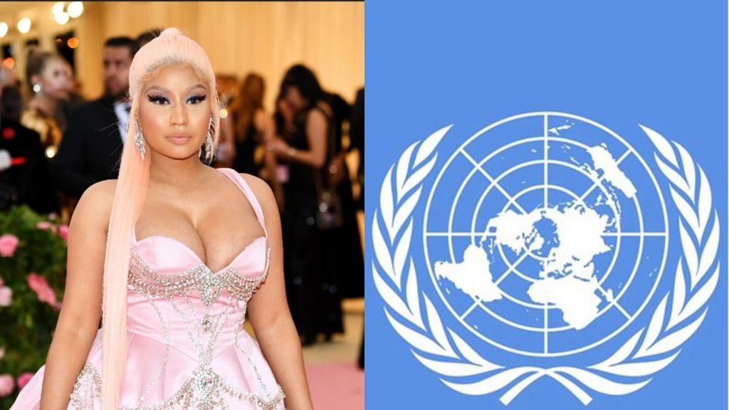 Side-by-side collage showing Nicki Minaj wearing a pink gown at a formal event on the left, and the blue United Nations emblem with the circular world map and olive branches on the right.