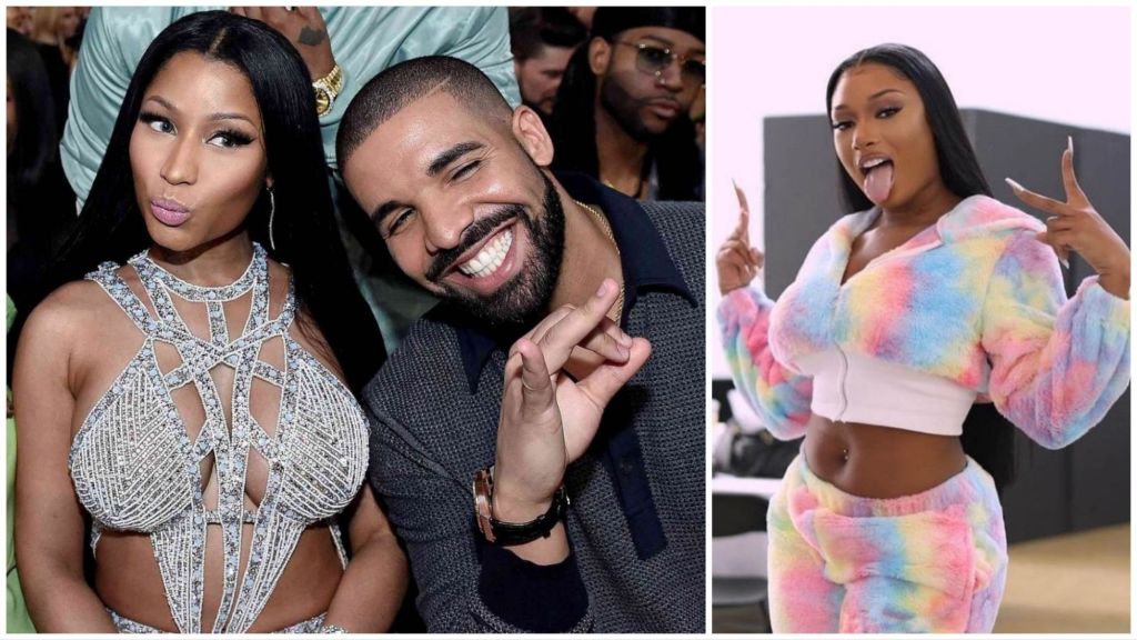 Side-by-side collage showing Nicki Minaj and Drake posing together at an event on the left, and Megan Thee Stallion in a colourful fuzzy two-piece outfit making a playful hand gesture on the right.