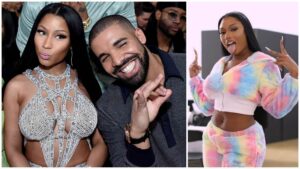 Side-by-side collage showing Nicki Minaj and Drake posing together at an event on the left, and Megan Thee Stallion in a colourful fuzzy two-piece outfit making a playful hand gesture on the right.