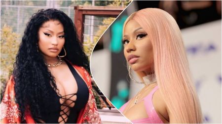 A side-by-side collage showing two photos of Nicki Minaj; on the left she wears long curly black hair, a low-cut black top and a red patterned robe outdoors, while on the right she has straight pink hair, glossy makeup and a pink outfit on a red-carpet style background.