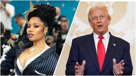 Split image showing rapper Nicki Minaj on the left, wearing a navy pinstripe outfit with dramatic ruffled detailing and styled updo, and former U.S. President Donald Trump on the right, speaking while wearing a dark suit, white shirt and red tie.