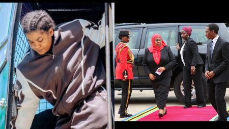 Side-by-side images showing Tanzanian activist Niffer Jovin stepping out of a police vehicle during her court appearance (left), and Tanzanian President Samia Suluhu Hassan arriving for an official event accompanied by aides (right).