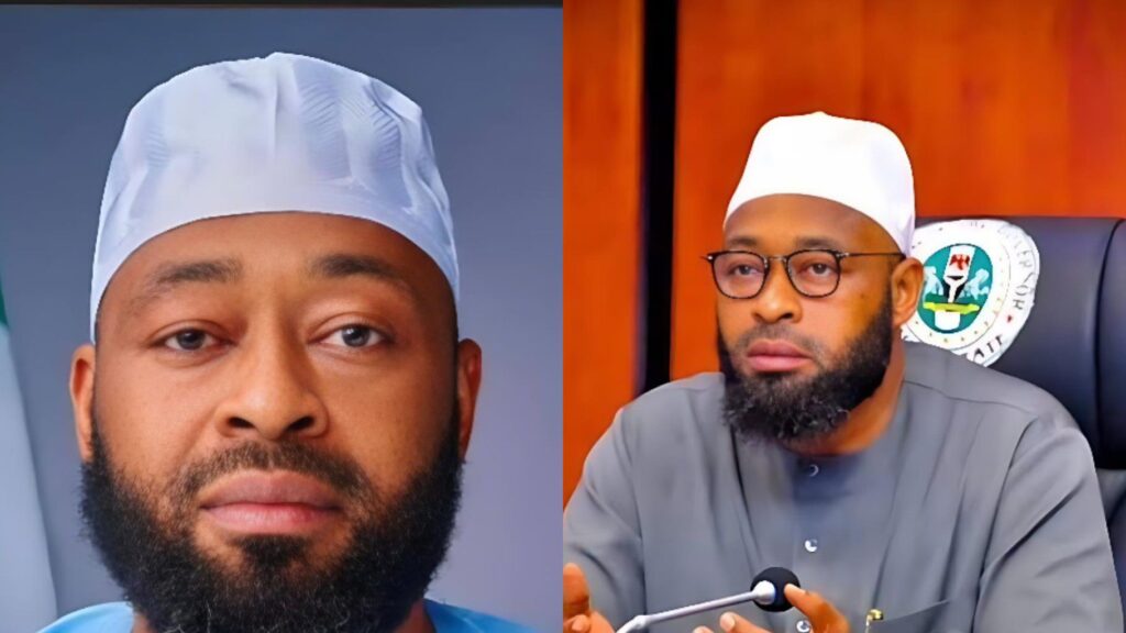 Side-by-side photos of the Niger State governor wearing a white cap; the left image is a close-up portrait, while the right image shows him seated at a desk speaking into a microphone.