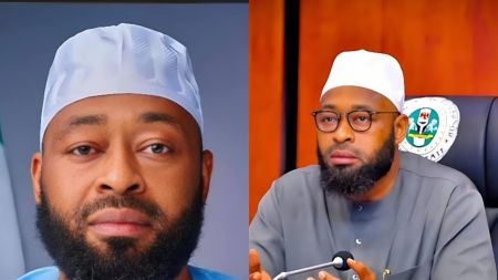 Side-by-side photos of the Niger State governor wearing a white cap; the left image is a close-up portrait, while the right image shows him seated at a desk speaking into a microphone.