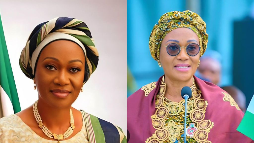 Side-by-side photos of Nigeria’s First Lady, Senator Oluremi Tinubu, wearing two different traditional outfits and headwraps while posing and speaking at an event.