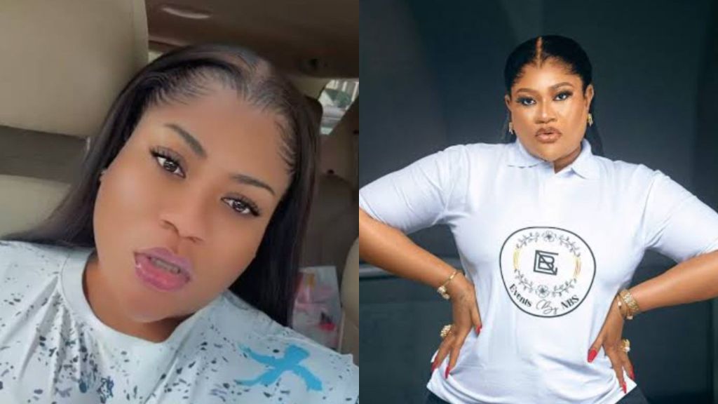 Side-by-side photos of Nigerian actress Nkechi Blessing. The left image shows her in a car wearing a white patterned top, while the right image shows her posing confidently in a white branded polo shirt with hands on her hips.