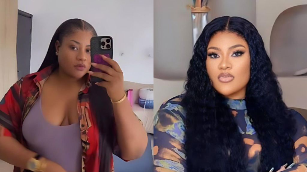 Side-by-side photos of Nigerian actress Nkechi Blessing Sunday. On the left, she takes a mirror selfie wearing a colourful shirt over a tank top. On the right, she poses in a patterned outfit with long wavy hair and full makeup