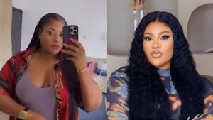 Side-by-side photos of Nigerian actress Nkechi Blessing Sunday. On the left, she takes a mirror selfie wearing a colourful shirt over a tank top. On the right, she poses in a patterned outfit with long wavy hair and full makeup