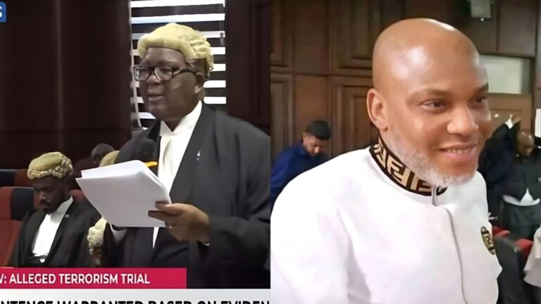 Side-by-side photo showing a courtroom scene with a senior lawyer in a wig reading from a document on the left, and Nnamdi Kanu smiling in a white outfit inside the courtroom on the right.