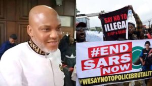 Side-by-side image showing Nnamdi Kanu smiling inside a courtroom, and a group of #EndSARS protesters outside holding banners that read “Say No to Illegal Stop & Search” and “#EndSARS Now.”
