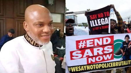 Side-by-side image showing Nnamdi Kanu smiling inside a courtroom, and a group of #EndSARS protesters outside holding banners that read “Say No to Illegal Stop & Search” and “#EndSARS Now.”