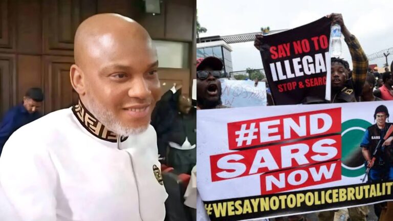 Side-by-side image showing Nnamdi Kanu smiling inside a courtroom, and a group of #EndSARS protesters outside holding banners that read “Say No to Illegal Stop & Search” and “#EndSARS Now.”
