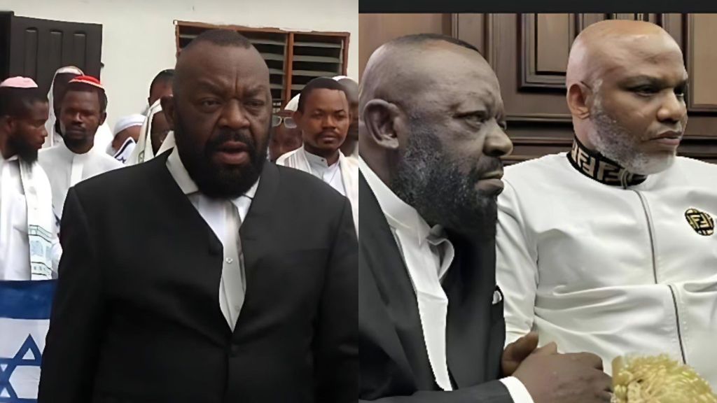 Side-by-side photos showing Nnamdi Kanu’s lawyer, Aloy Ejimakor, dressed in a black suit. In the first image, he stands among a group of men wearing white garments and caps. In the second image, he sits beside Nnamdi Kanu during a court appearance.
