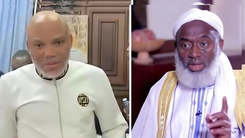 Side-by-side photo showing Nnamdi Kanu wearing a white outfit on the left, and Sheikh Ahmad Gumi wearing a white turban and traditional attire on the right, as both appear in separate indoor settings.