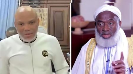 Side-by-side photo showing Nnamdi Kanu wearing a white outfit on the left, and Sheikh Ahmad Gumi wearing a white turban and traditional attire on the right, as both appear in separate indoor settings.