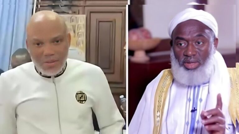 Side-by-side photo showing Nnamdi Kanu wearing a white outfit on the left, and Sheikh Ahmad Gumi wearing a white turban and traditional attire on the right, as both appear in separate indoor settings.