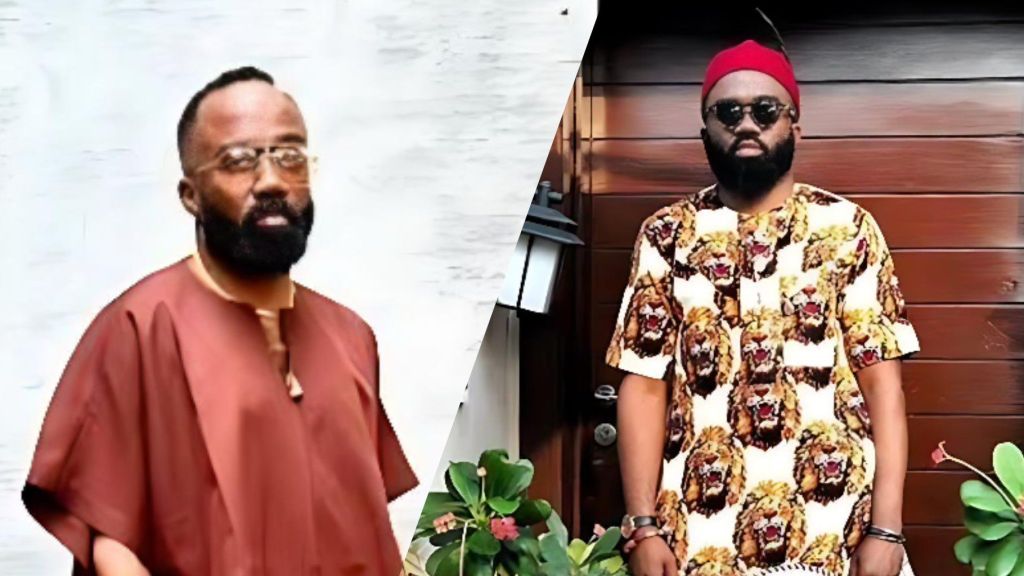 Noble Igwe appears in two side-by-side photos; on the left he wears a brown traditional outfit and glasses, while on the right he wears a patterned Igbo attire with a red cap, standing outdoors.