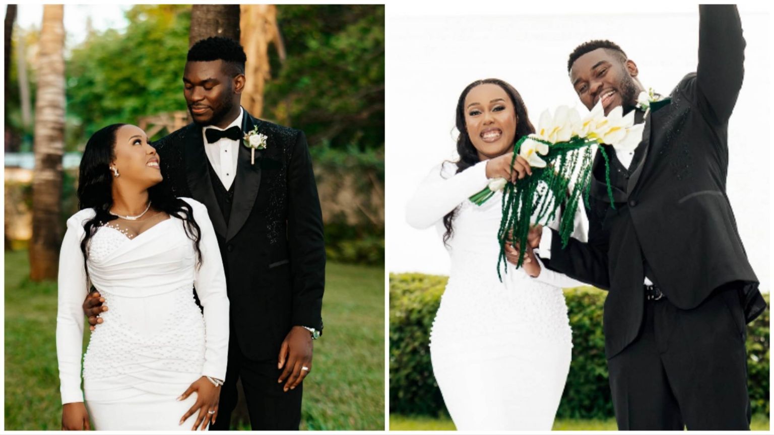 Side-by-side photos of Nonso Amadi and his wife Aika Jonas on their wedding day. In the left image, the couple stands outdoors, smiling warmly at each other, with Aika in a fitted white gown and Nonso in a black tuxedo. In the right image, they pose playfully while holding a bouquet together, both smiling brightly.