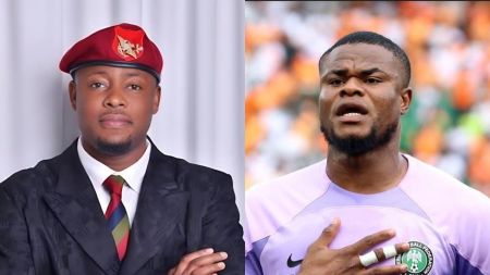 Side-by-side photo showing content creator Lege Miami on the left wearing a red beret, suit and tie, and Nigerian goalkeeper Stanley Nwabali on the right in a light purple Super Eagles jersey during a match.