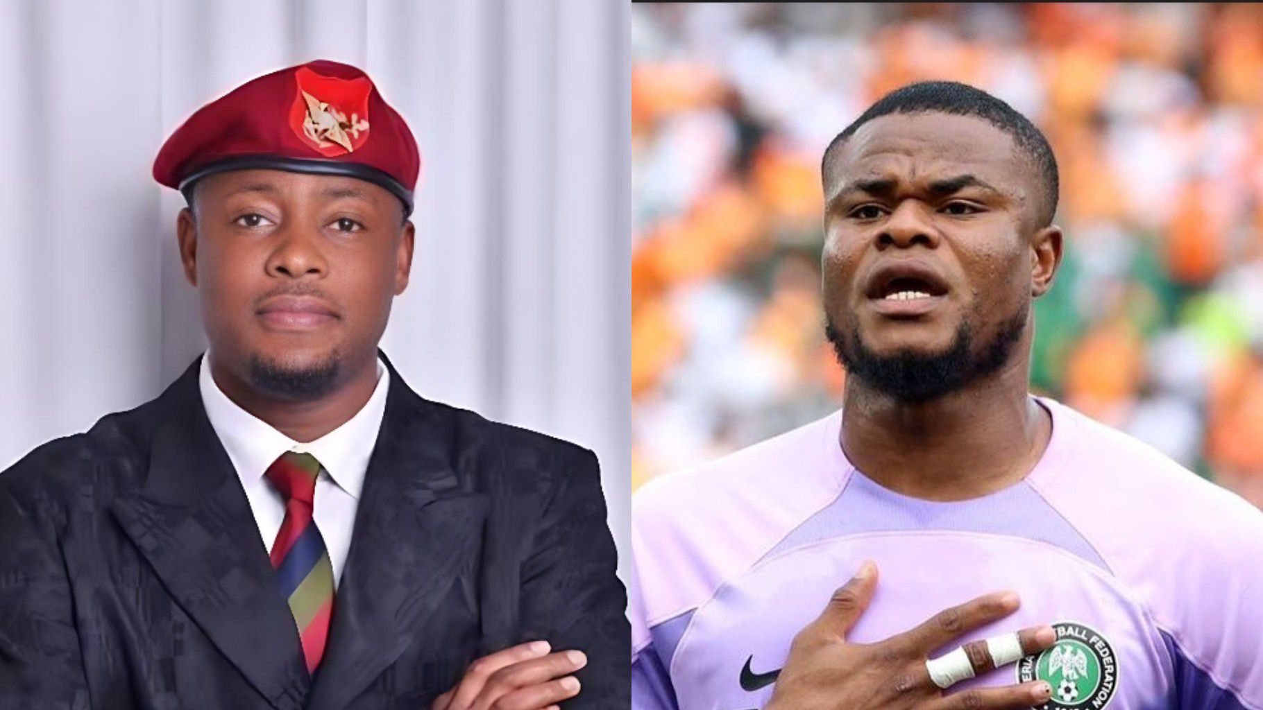 Side-by-side photo showing content creator Lege Miami on the left wearing a red beret, suit and tie, and Nigerian goalkeeper Stanley Nwabali on the right in a light purple Super Eagles jersey during a match.