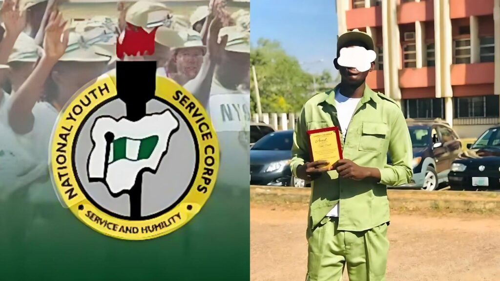 Left: The official NYSC emblem displayed over a blurred background of corps members raising their hands during a parade. Right: A male NYSC corps member dressed in full khaki uniform holding a certificate outdoors, with his face digitally blurred for privacy while standing in front of a building and parked cars.